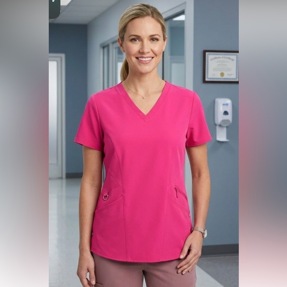 Ava Therese Tops - Ava Therese Ribbed Knit Back Scrub Top, Bright Pink V-Neck, Women’s Sz XL